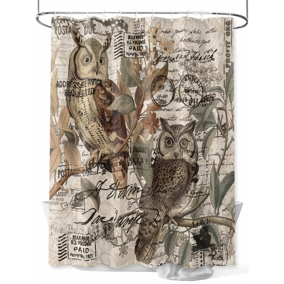 Country Owl Shower Curtain Set, Waterproof Shower Curtains for Bathroom, Rustic Sping Floral Botanical Postmark Washable Fabric Cloth Bath Curtain for Bathtub Decoration with Hooks 72x78 Inches