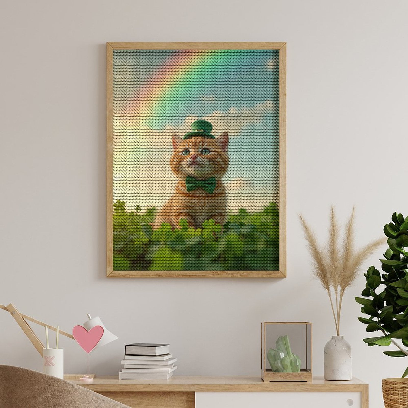 Diamond Art Kits for Adults, Cat Green Bowtie Rainbow 5D Diamond Painting Kits for Adults Beginners, DIY Full Drill Diamond Painting, Gem Art and Crafts 12x16