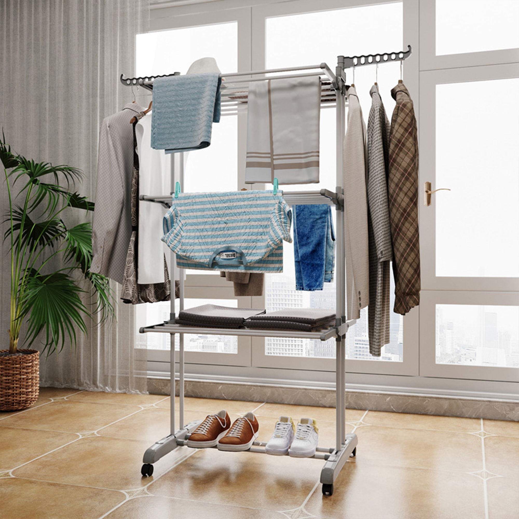 Foldable 4 Tier Clothes Drying Rack Garment Laundry Hanger Rack with 2 Side Wings and 4 Casters SortWise Walmart