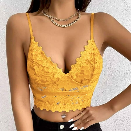 

KUNPENG Ladies Erotic Lingerie Sexy Deep V Solid Color Lace Bra With Chest Pad Valentine s Nightgown Pajamas Yellow / S