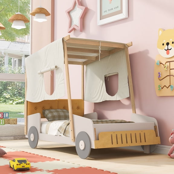 Euroco Wood Twin Size Canopy Bed, Car Bed with Pillow and Ceiling Cloth Design, Platform Bed for Kids, Natural