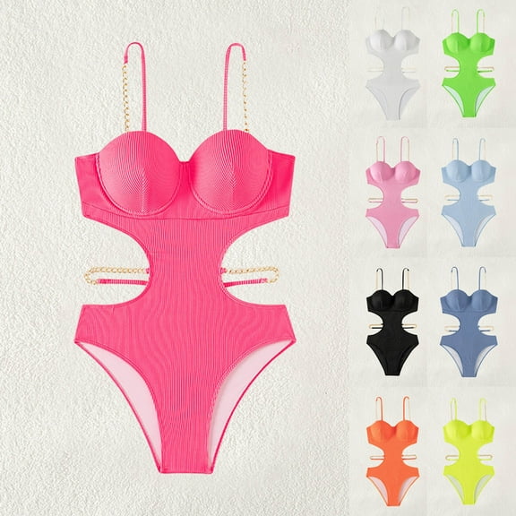 UTSJKR Women's One Piece Swimsuits Sexy Hollow Out Metal Chain Strap Bikini Bathing Suits High Waist Back Tie Swimwear Black M