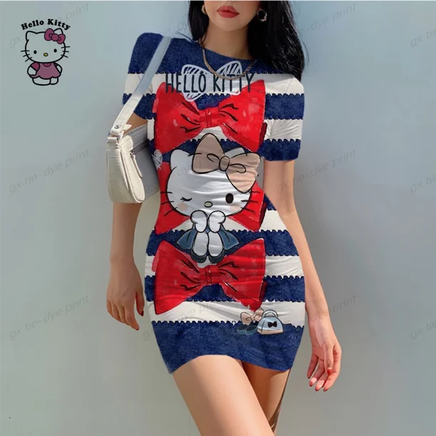 Nueva minifalda ajustada de Hello Kitty de manga corta y cuello redondo, falda corta sexy, vestido plisado elegante y ajustado en el pecho para mujer