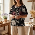 thumbnail image 4 of JULMCOMO Cotton Linen T Shirts for Women Floral Print Short Sleeve Casual Henley Shirts Baggy Comfy Summer Tops with Chest Pocket Black 3XL, 4 of 9