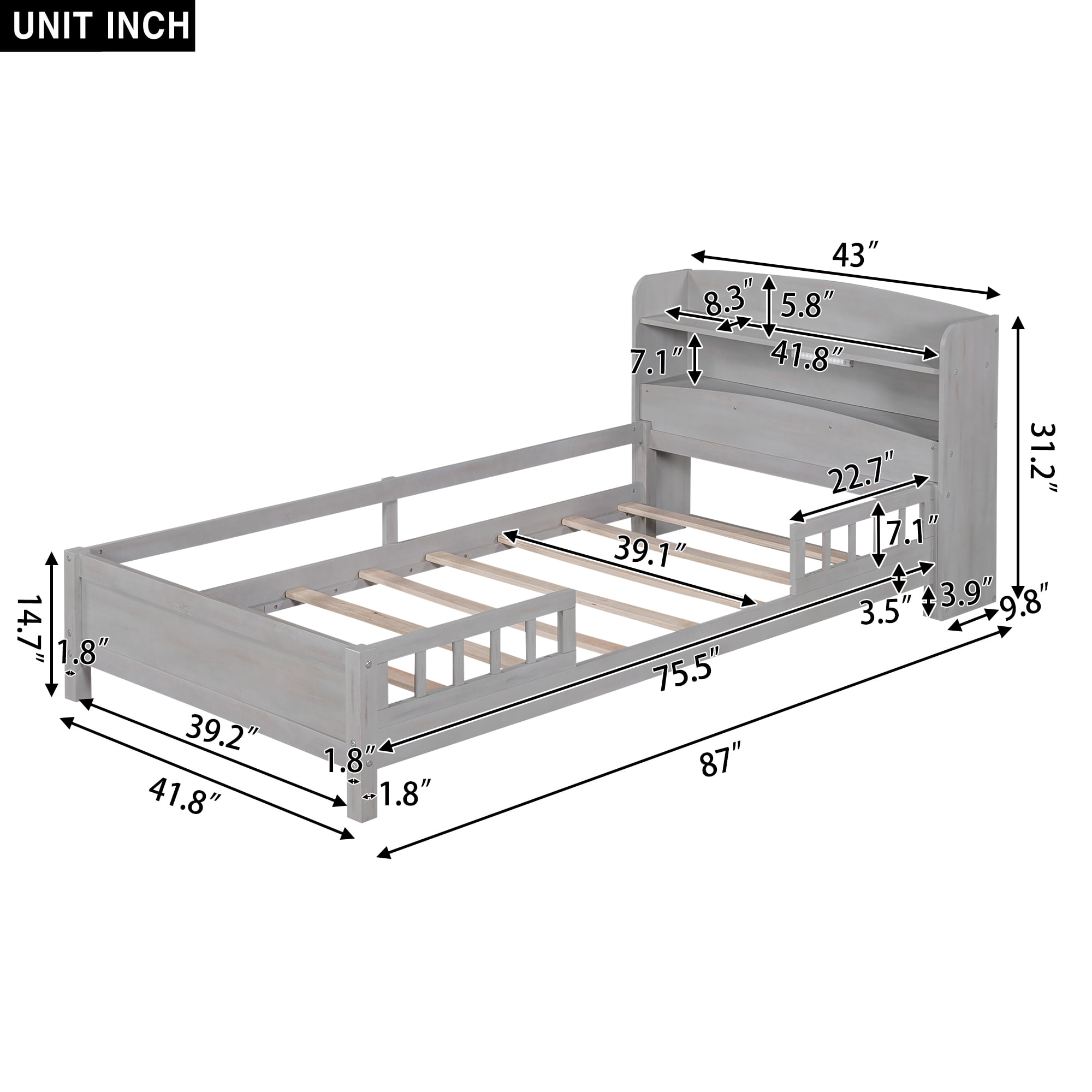 Euroco Wood Twin Size Platform Bed with Storage Headboard, Shelves and LED Light for Kids, Gray