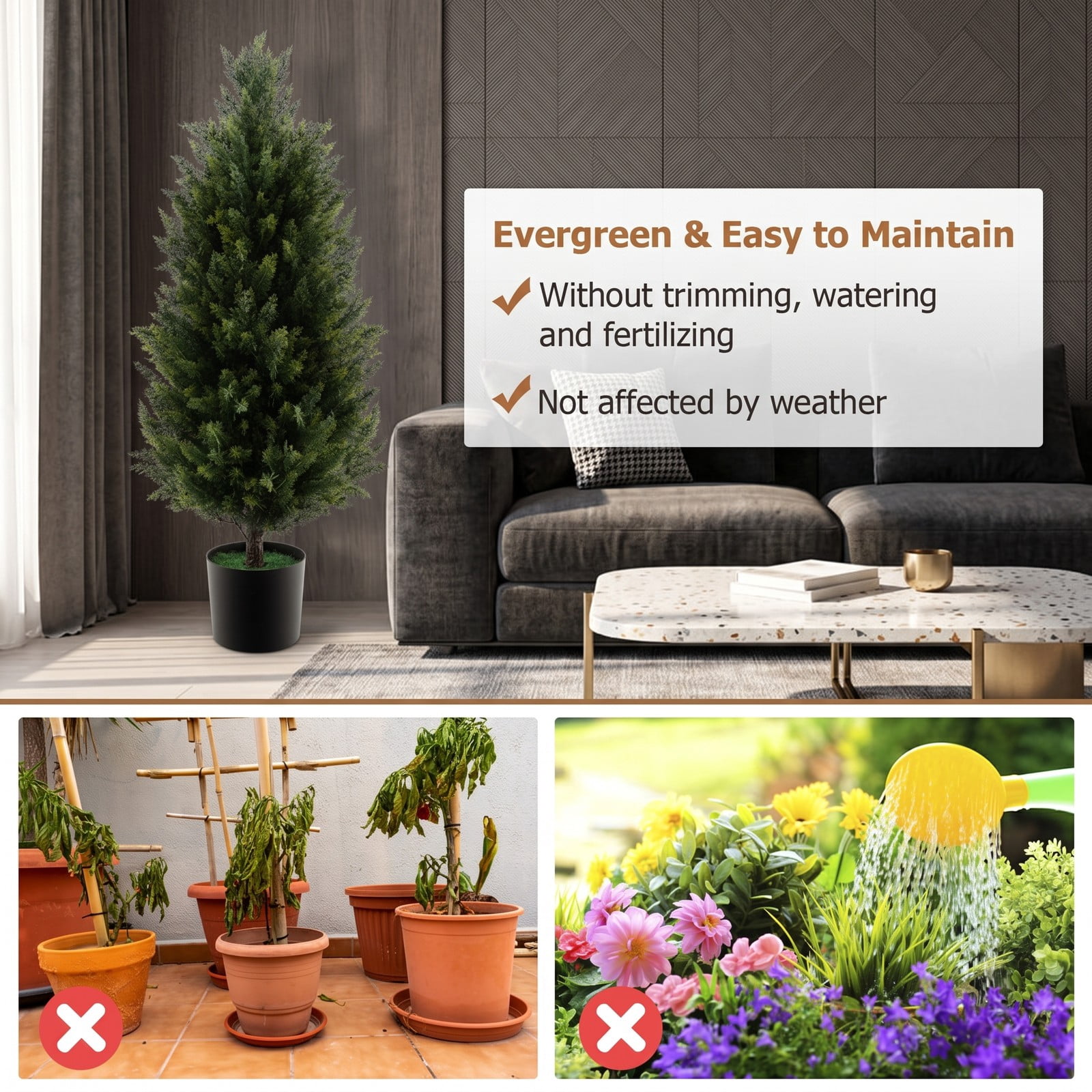 ALPULON 3 Feet Artificial Cedar Topiary Tree, Faux Cypress Plant with Cement-Filled Plastic Pot and Realistic Moss for Indoor Outdoor Home Office Entryway Decor, Green