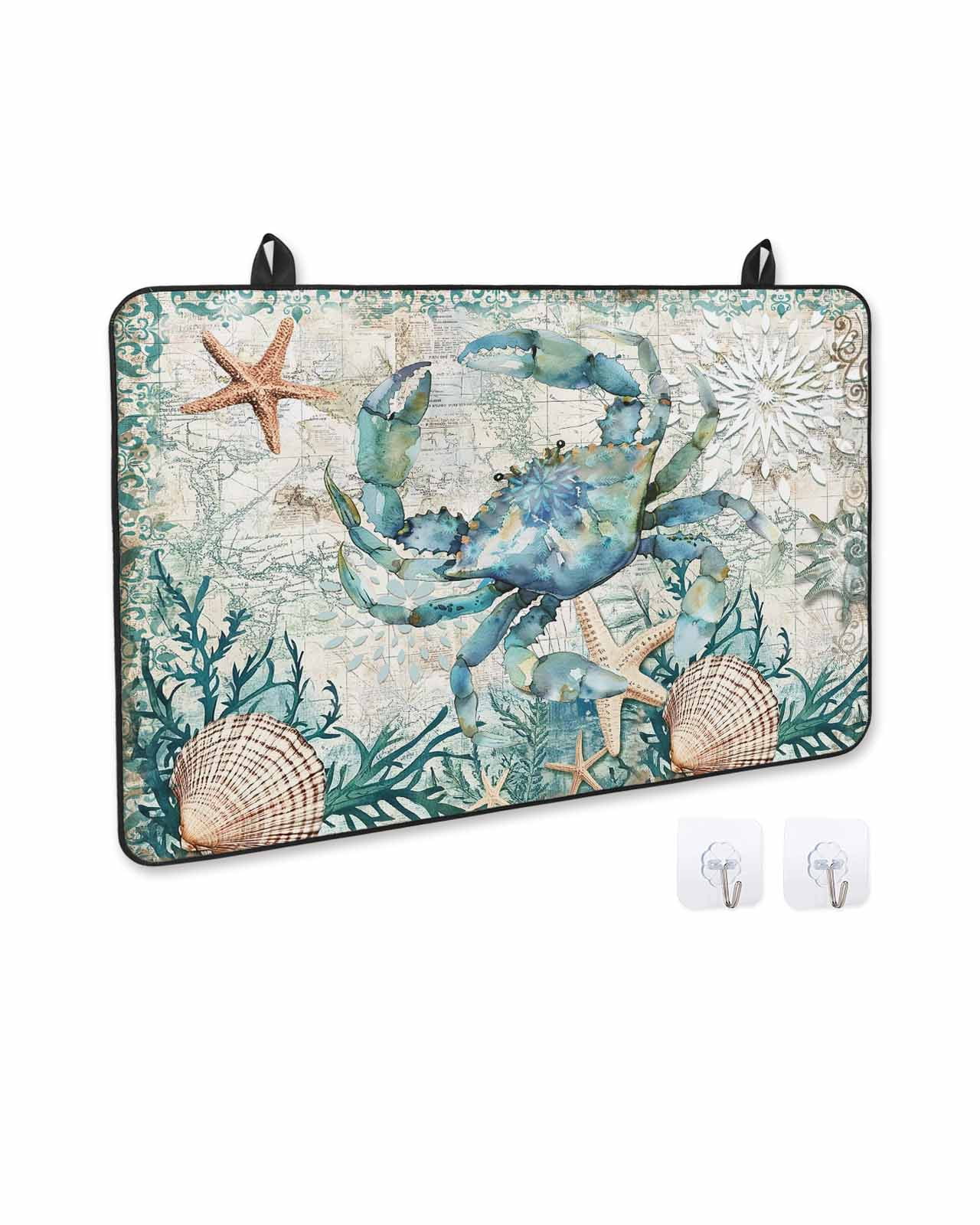 nqOlkjepod Large Induction Cooktop Protector Mat 24"x21", Coastal Crab Stove Top Covers for Electric Stove, Ocean Coral Starfish Nautical Map Stove Burner Cover Mats, Glass Top Stove Cover