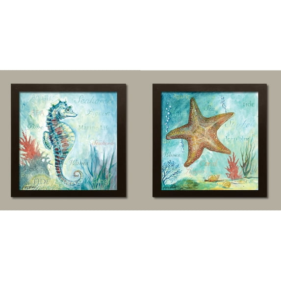 Beautiful Watercolor-Style Marine Life Starfish and Seahorse; Coastal Decor; Two 12x12in Brown Framed Prints