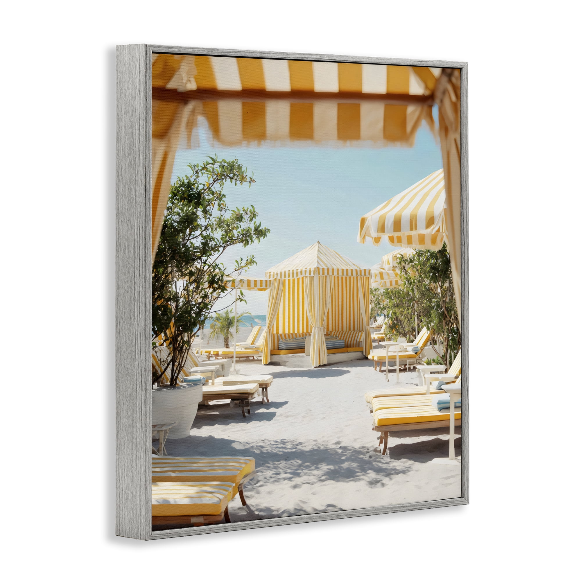 Stupell Industries Yellow Striped Beach Cabanas Gray Framed Giclee Art, design by Franklyn Gregory
