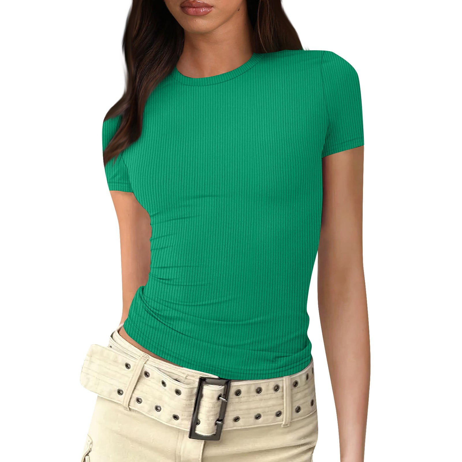 RPVATI Women Short Sleeve Tops Plus? Slim Fitted Crew Neck Basic Crop Top  Summer Y2k Tshirts Stretchy Bodycon Going Out Tees Khaki XL