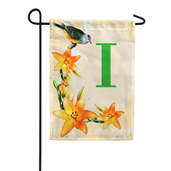 America Forever Spring Monogram Garden Flag Letter I 12.5 x 18 inches Double Sided Vertical Outdoor, Yard, Lawn, Beautiful Floral Design, Lily, Small Summer Bird Garden Flag