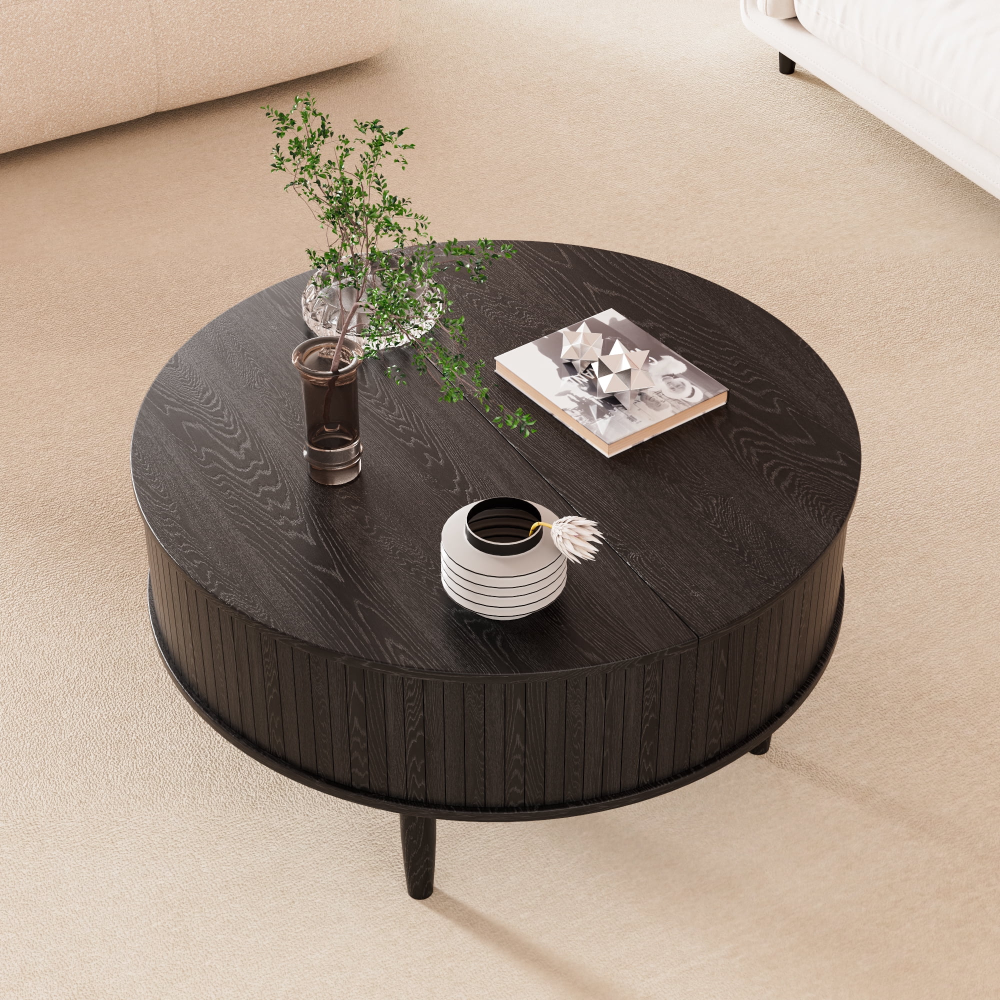Round Lift Top Coffee Table with Storage, Center Table with Hidden Compartment, Circle Coffee Table for Living Room, Black