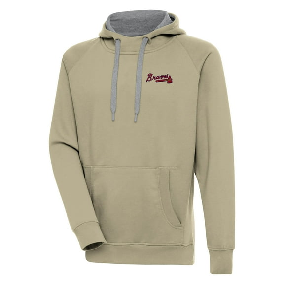 Men's Antigua Khaki Atlanta Braves Victory Pullover Hoodie