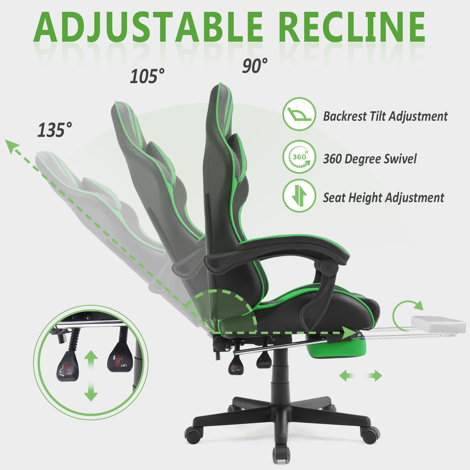 Ferghana Green Gaming Chair with Footrest, High Back Office Chair with Massage Lumbar Pillow, Swivel Game Gamer Chairs for Adults Kids, Ergonomic Computer Chair, Green