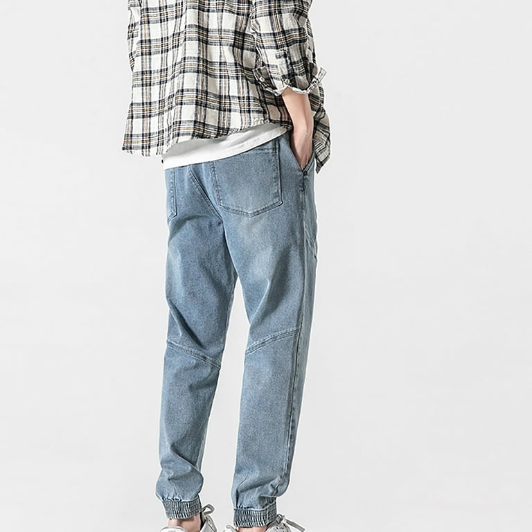 Mens Elastic Waist Denim Pants Big Tall Casual Loose Hip Hop Streetwear Cargo Pants Fashion Drawstring Jogger Jeans