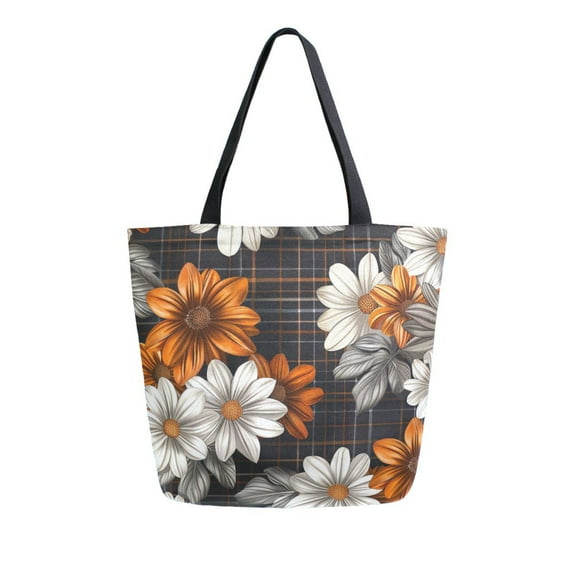 FORMRS Womens Canvas Tote Bag with Zipper Inner Pocket Shoulder Handbag, Black Plaid Floral