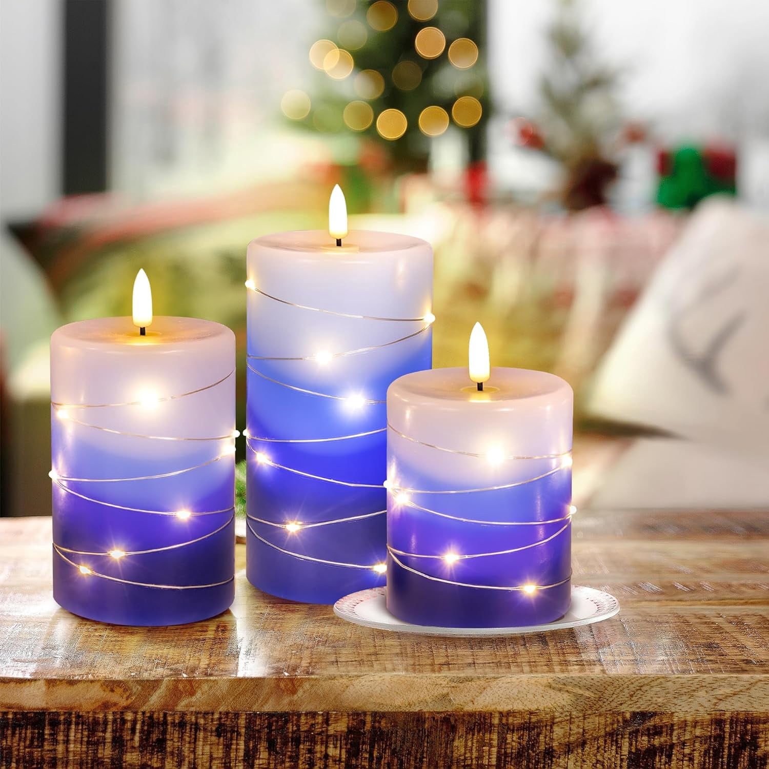 ZM Flameless Candles with String Lights, Battery Operated Candles with Remote Control and Timer,Flickering LED Pillar Candles for Home Decoration,Real Wax, Gradient Blue (3-Pack)