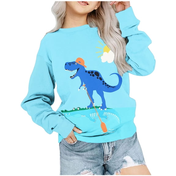 Zwiiyzr Boys and Girls Dinosaur Sweashirt Long Sleeve T-Shirt Printed Round Neck Pullover Tops Aged 1-12 Years Sky Blue
