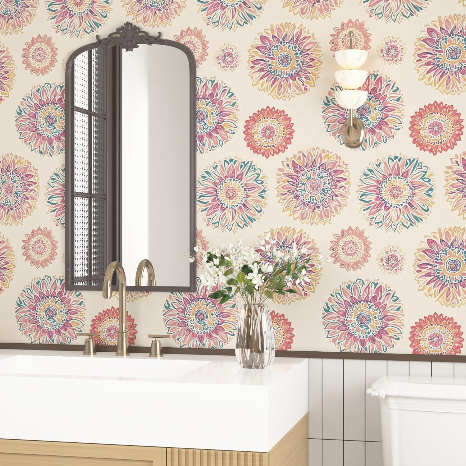 Boho Wallpaper Peel and Stick, Vintage Circle Floral Contact Paper, Abstact Beige/Blue/Pink Retro Flower Wall Paper Self Adhesive Removable Waterproof for Walls Shelves Cabinet Table 17.5" x 118"