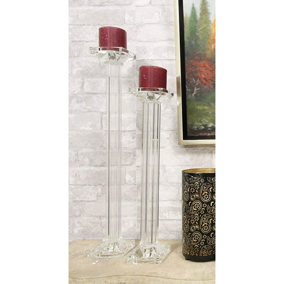 Ebros Contemporary Crystal Glass Pillar Column Candle Holder Candlestick Candleholder Decor Figurine for Mantelpiece Countertop Table Master Bedroom Living Room Accent (Set of 2)