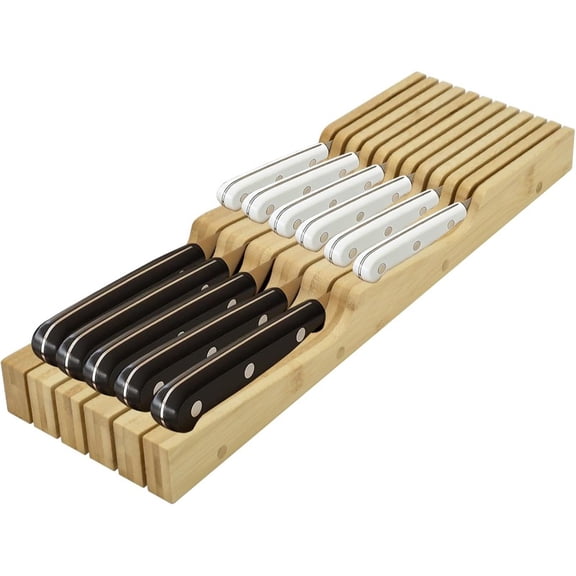 Knife Drawer Organizer Bamboo In-Drawer Knife Block Organizer Kitchen Steak Knives Holder Organizer for Drawer 11 Knives Slots 11 Knives Slots