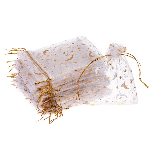 Uxcell Moon Star Printed Organza Bags, 100 Pcs 4.72x3.5 Inch Drawstring Mini Pouches for Party Wedding, White