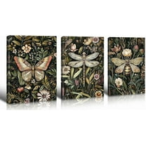 Vintage Botanical Wall Art,Cottagecore Canvas Painting Nature Floral Decor with Butterfly Dragonfly Bee,Dark Green Aesthetic Pictures for Living Room Bedroom Home Decorations（Only canvas）
