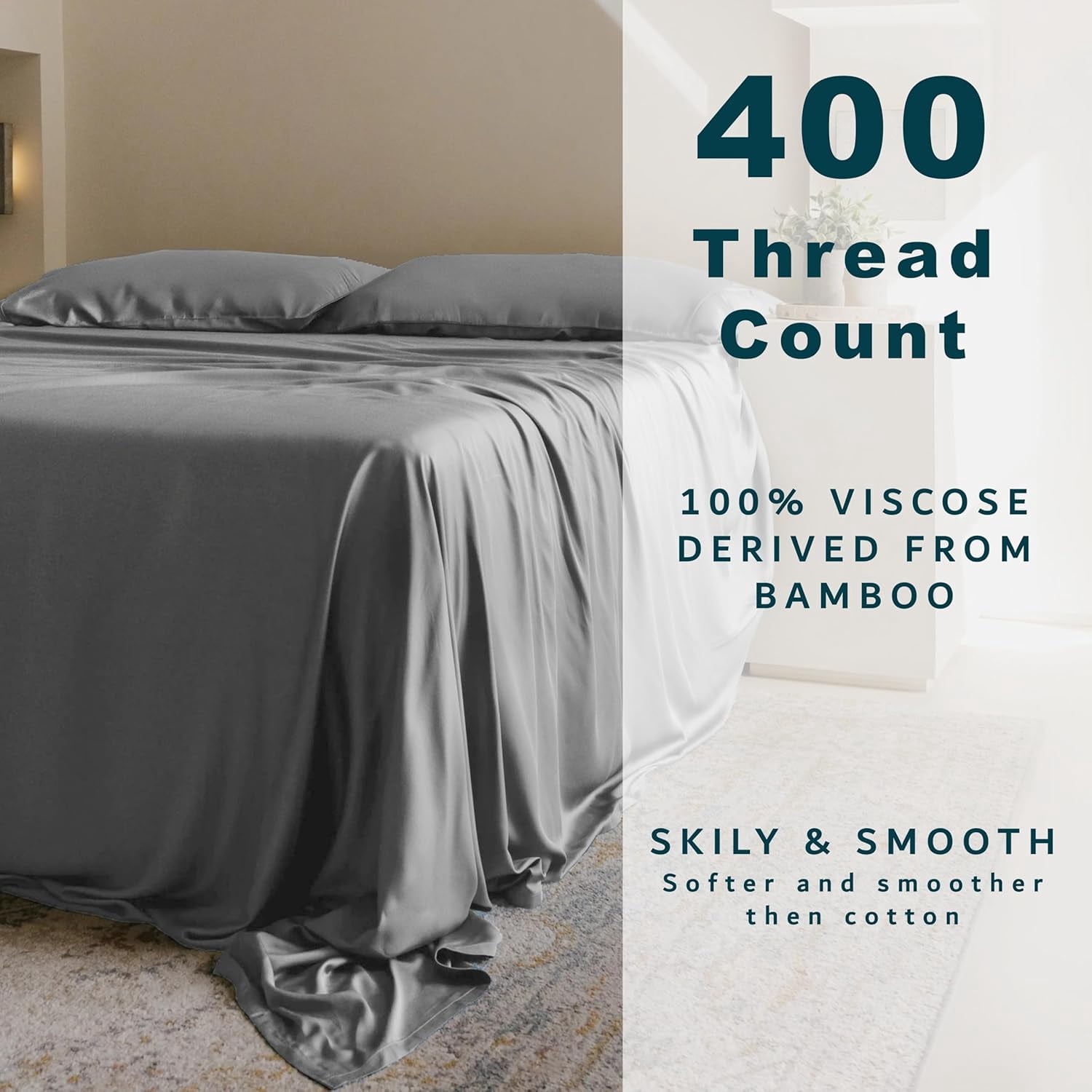 100% Viscose derived from Bamboo 4PC Sheet Set - 400 Thread Count Cooling Bed Sheets - Silky Soft & Breathable - 15-Inch Deep Pockets Fitted Sheet - Olympic Queen - Light Grey