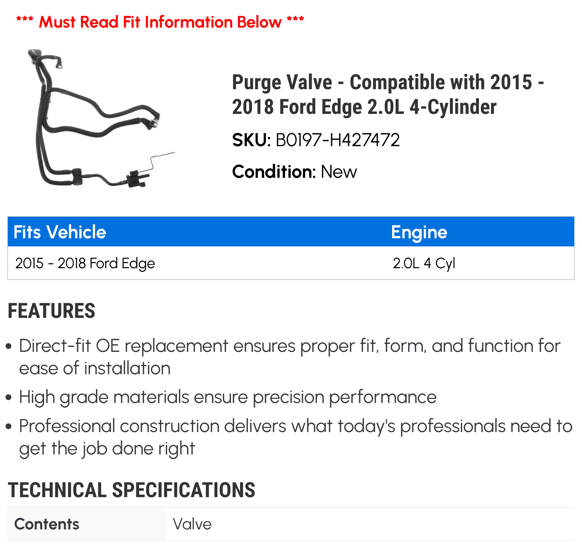 Purge Valve - Compatible with 2015 - 2018 Ford Edge 2.0L 4-Cylinder 2016 2017