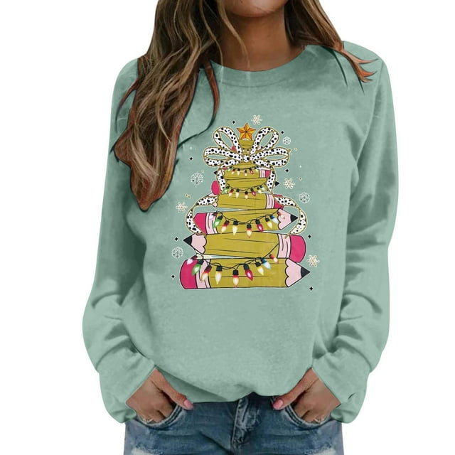 VJATTWR Mes Articles Chandail en Molleton de Noël pour Femmes Imprimé Col Rond Manches Longues Chandail Sans Capuche Chandail en Molleton Confortable Mode Haut pour Vacances Tenue Décontractée et Activités Athlétiques Get it Fast