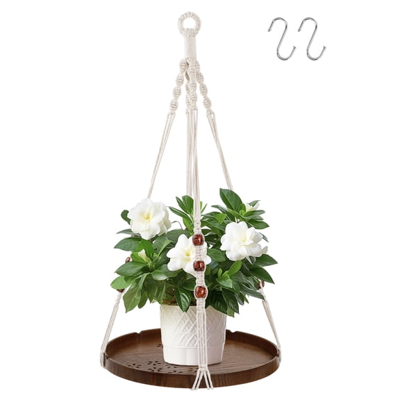 IEMIEBSHA Macrame Plant Hanger with 2 Pack Ceiling Hooks, Indoor Outdoor Hanging Plant Holder with Large Tray for Succulents, Cacti, Small Plants, Boho Bohemian Home Decor with Wood Beads