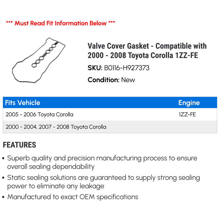 Valve Cover Gasket Compatible with 2000 2008 Toyota Corolla 1ZZ FE 2001 2002 2003 2004 2005 2006 2007
