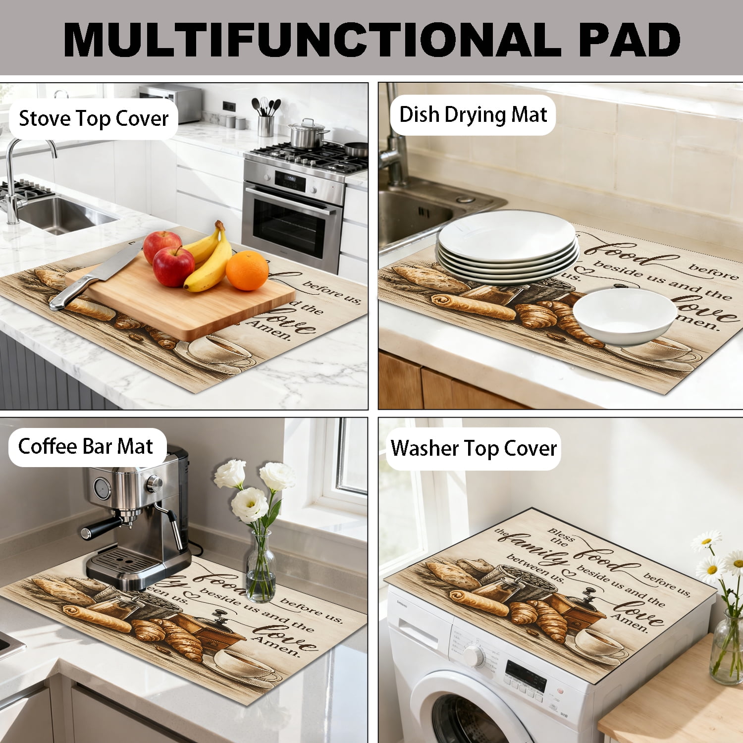 Stove Top Cover for Electric Stove, 28.5" x 20.5" Heat Resistant Glass Cooktop Cover Mat, Multi-Purpose Countertop Protector for Stove & Washer Top, “Bless the Food” Kitchen Decor