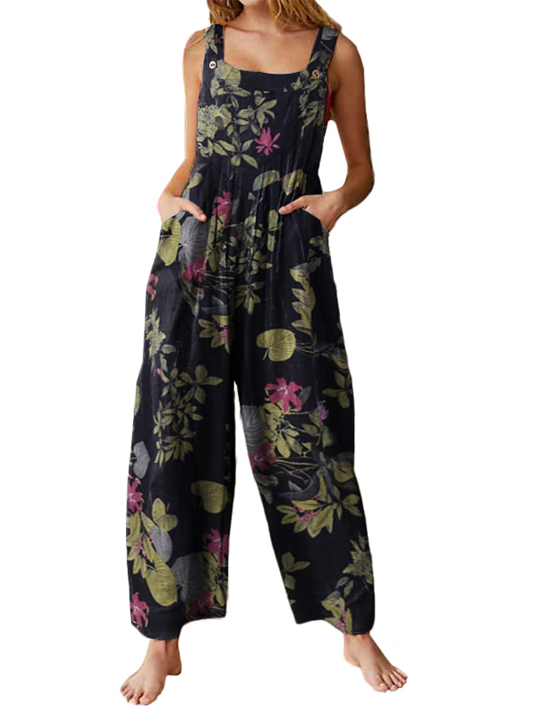 Vonda - Women's Cotton Linen Floral Print Jumpsuits Wide Leg Pants ...