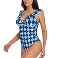 thumbnail image 3 of Yiaed Blue Squares Print Women's Ruffled One Piece Swimsuit V Neck Swimwear Slimming Monokini for Woman-Small, 3 of 8