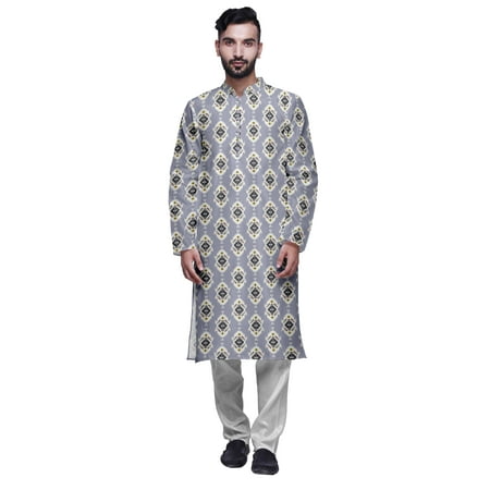 

Atasi Printed Long Kurta For Men With White Churidar Pyjama Set Traditional Wear