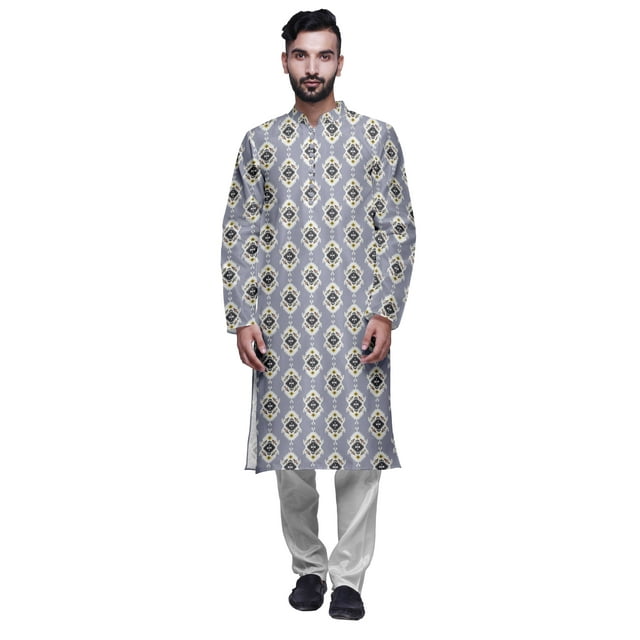 Atasi Kurta Imprimé pour Homme et Ensemble de Pyjama Churidar Blanc Col Mandarin Tenue Ethnique