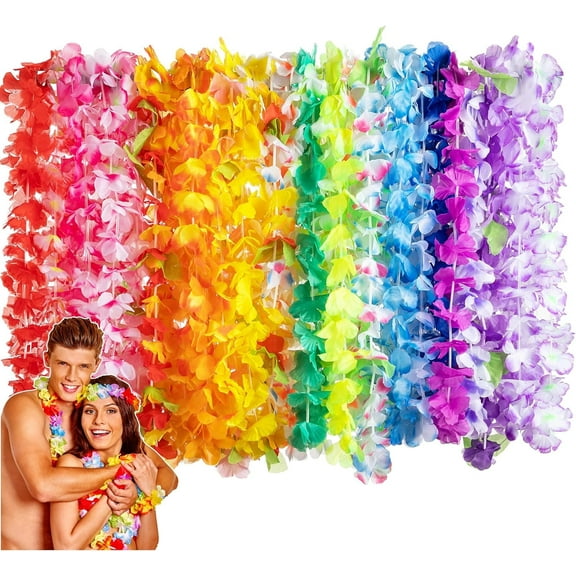 36 Pcs Leis for Luau Party Hawaiian Themed Leis Necklace Costume Accessories Flower Lei Theme Party Favors Wreaths Headbands Summer Beach Pool Birthday Theme Party Favors Supplies