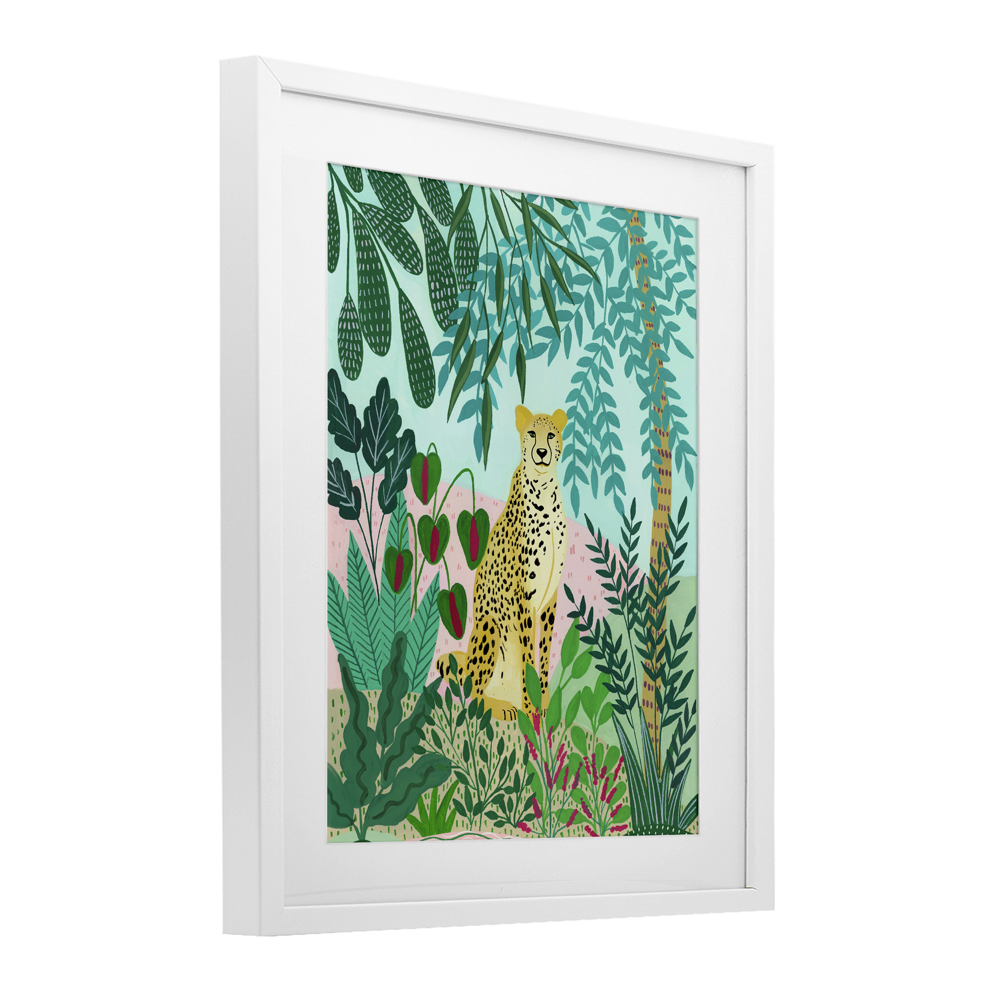 Stoic Leopard Tropical Forest White Framed Print Under Glass, design by Nabeela Rumi