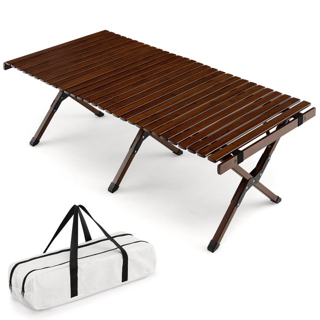 Gymax Table de Camping Portable Pliable en Bambou avec Sac de Transport Extérieur et Intérieur Café