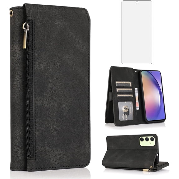 MYKOMI Compatible with Samsung Galaxy A54 5G Wallet Case HD Screen Protector Zipper Retro Leather Flip Cover Card Holder Stand Cell Accessories for A 54 54A SM A546U 2023 Women Black