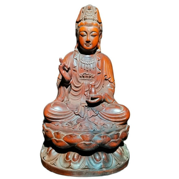Vintage Wooden Statue Carving Zen Quan Kwan Yin Statues Wood Religious Buddha Guanyin Bodhisattva Art Boxwood Sculpture Home Decor Decoration Figure Lucky Gift Good Meditation Room Wall Niche Praying
