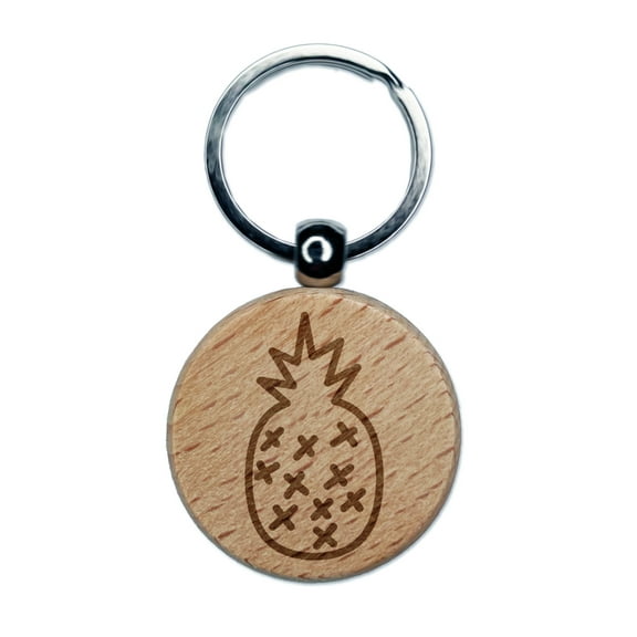 Pineapple Doodle Round Keychain Charm Tag - Engraved Wood