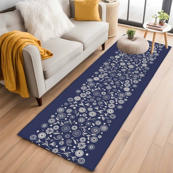 Kitchen Runner 2 x 6 Ft, Japanese Non-Slip Residential Carpet, Navy Blue Country Flowers Leaves Aesthetic Indoor Crawling Mats Runner Rugs for Living Room/Dining Room/Bedroom