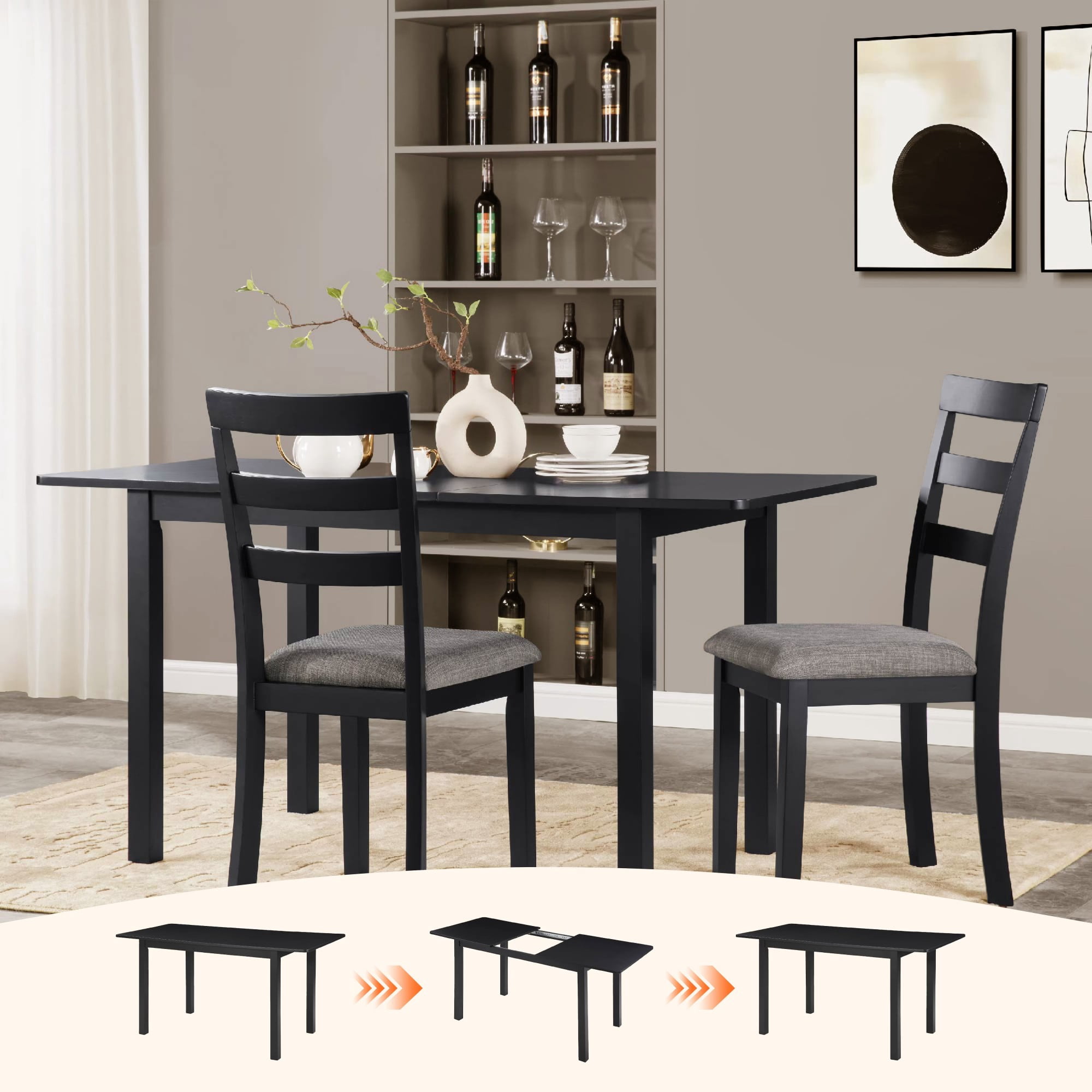 59" Extendable Dining Table, Modern Wooden Kitchen Table for 4-8 People, Expandable Dining Room Table, Multipurpose Home Office Desk for Small Space, Black