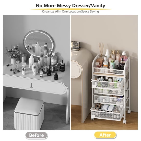 4-Drawer Makeup Organizer Cart with Wheels - White Skincare Storage Vanity Holder for Perfume Nail Polish & Brushes (16.3"L x 11.4"W x 27.5"H)