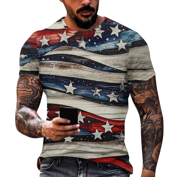 GrmtClth 4th of July Tops for Men Independence Day American Flag Print Casual T-Shirts Short Sleeve Trendy Shirts Crew Neck Clothes Royal Blue M