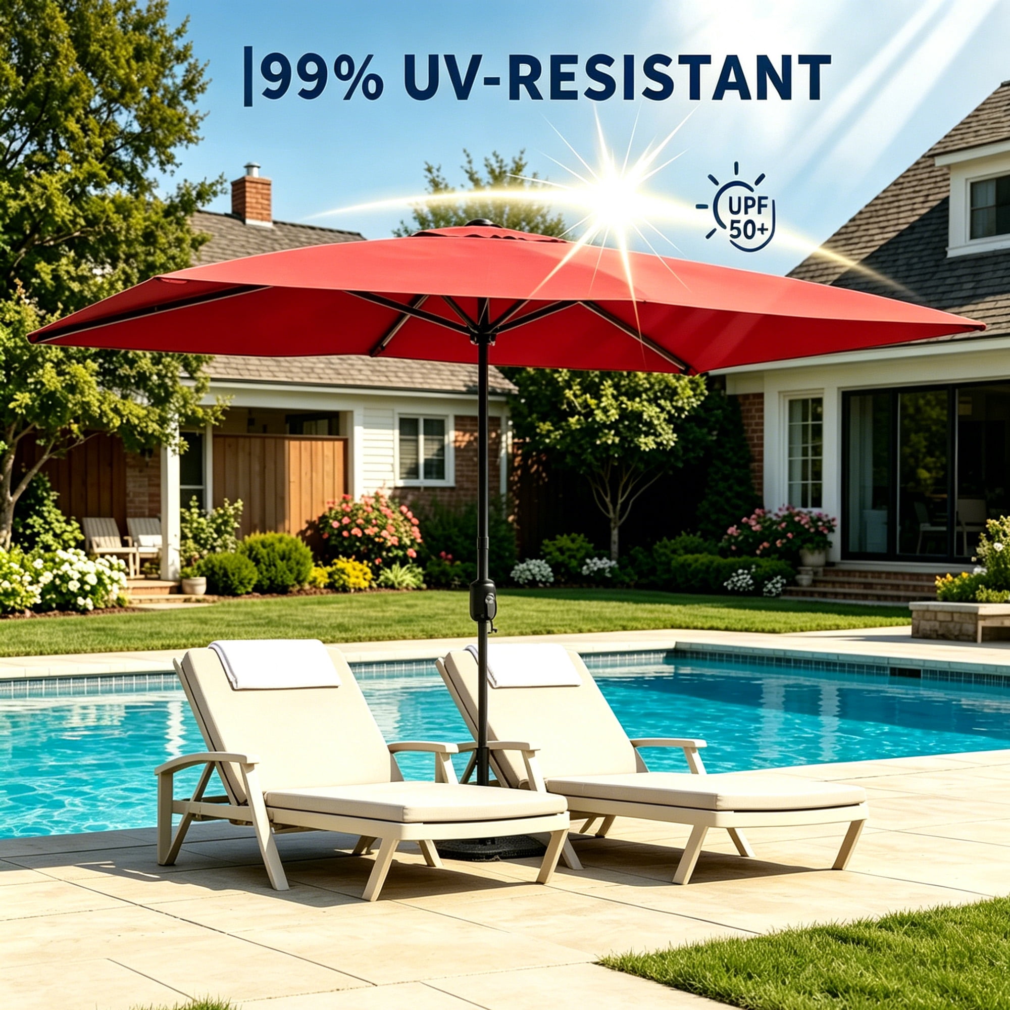 Kool 10x6.5ft Rectangular Patio Umbrella with Crank Handle, Outdoor Market Umbrella with 6 Sturdy Umbrella Ribs, Waterproof, Red