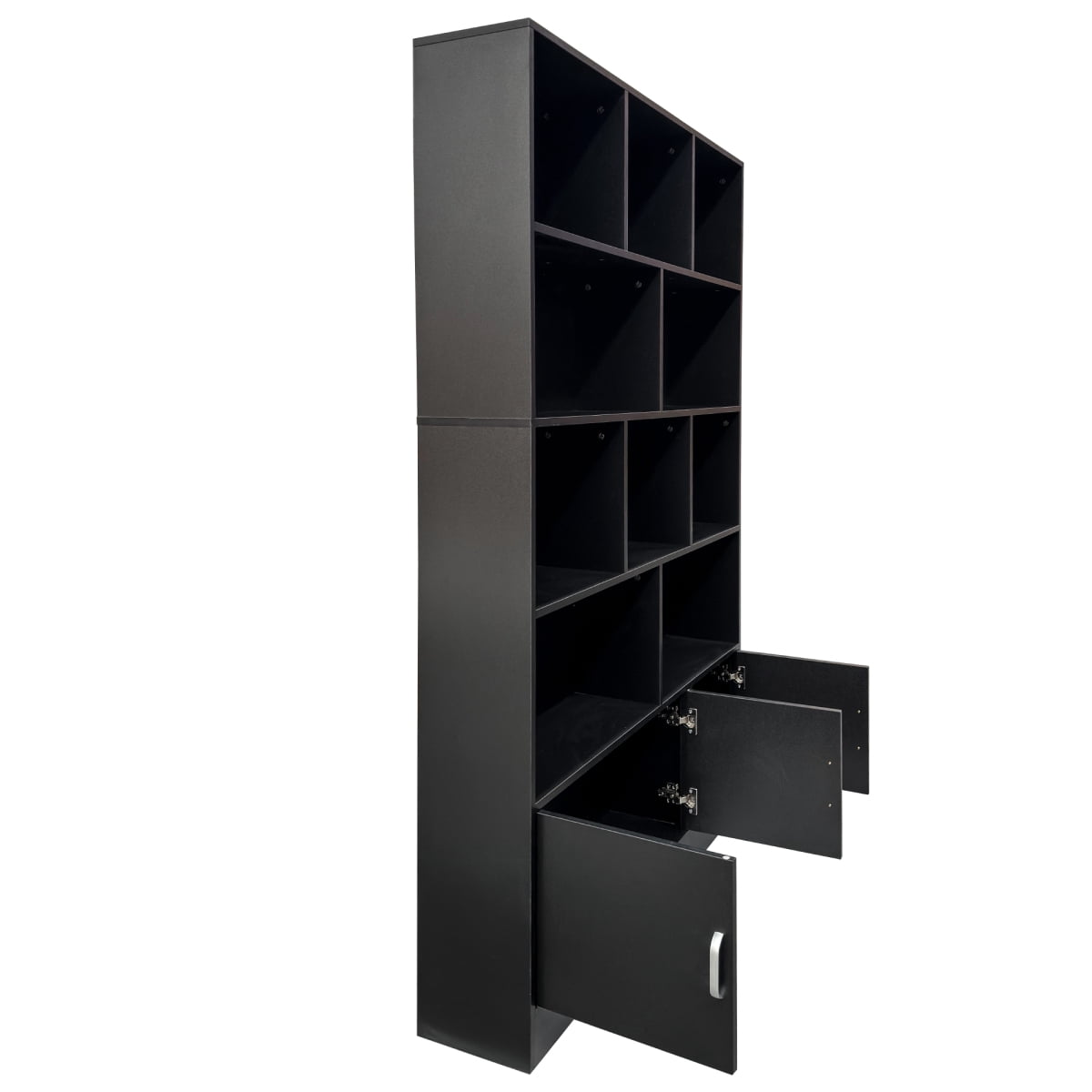 71" Tall Wooden Bookcase, Mid Century Modern Bookshelf with 5-Tier Storage, 3 Doors Open Style Display Shelf W/10 Cubes, Book Shelves Cabinet for Home Office Living Room