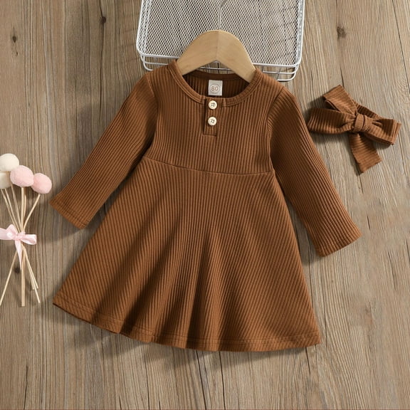 HOMADLES Long Sleeve Girls Dress Crewneck Button Kint Stripe Comfortable Tiered Casual Dress Brown 3-4T